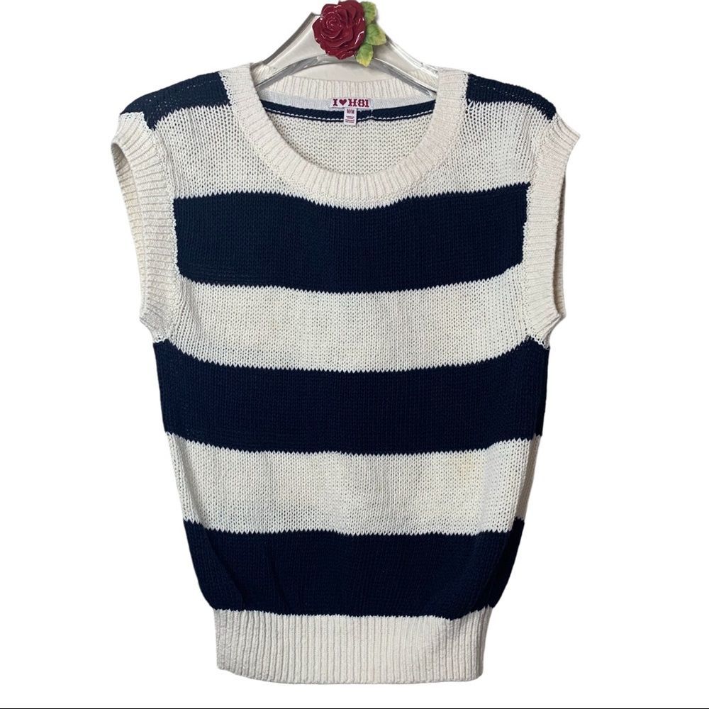 100% COTTON‎ Two-Tone Sweater Vest Striped Cream/Navy